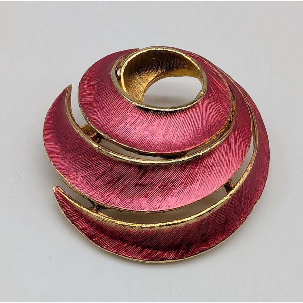 JJ Jonette Brushed Pink Enamel Swirl Brooch Pin 80s Retro